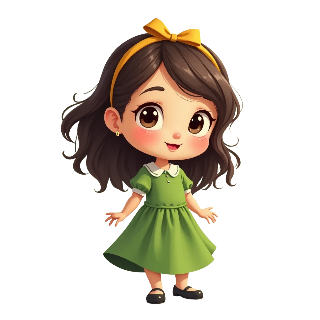 Cute Cartoon Girl in Green Dress